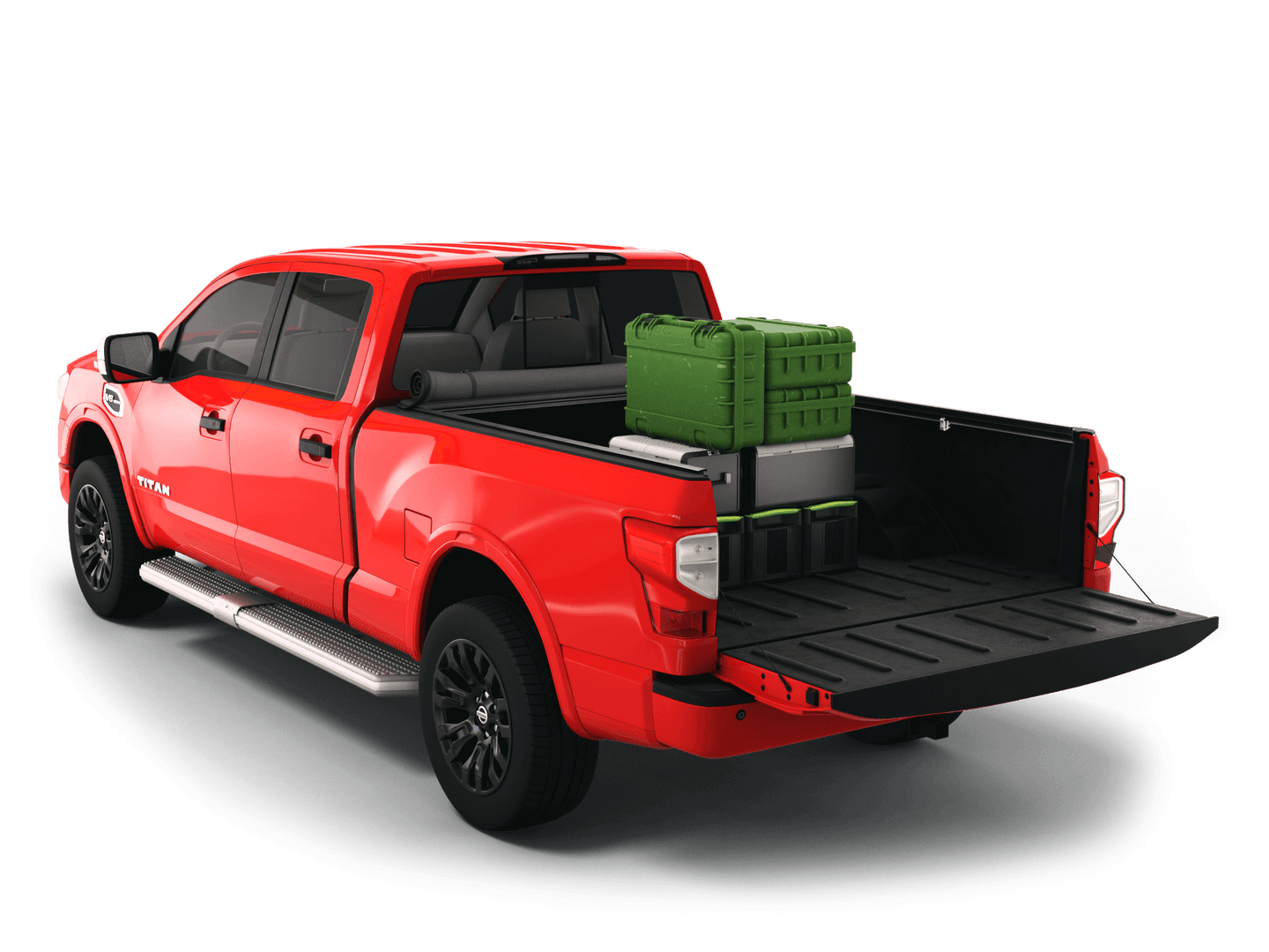 Red Nissan Titan with gear in the truck bed and the Sawtooth Stretch tonneau cover rolled up at cab